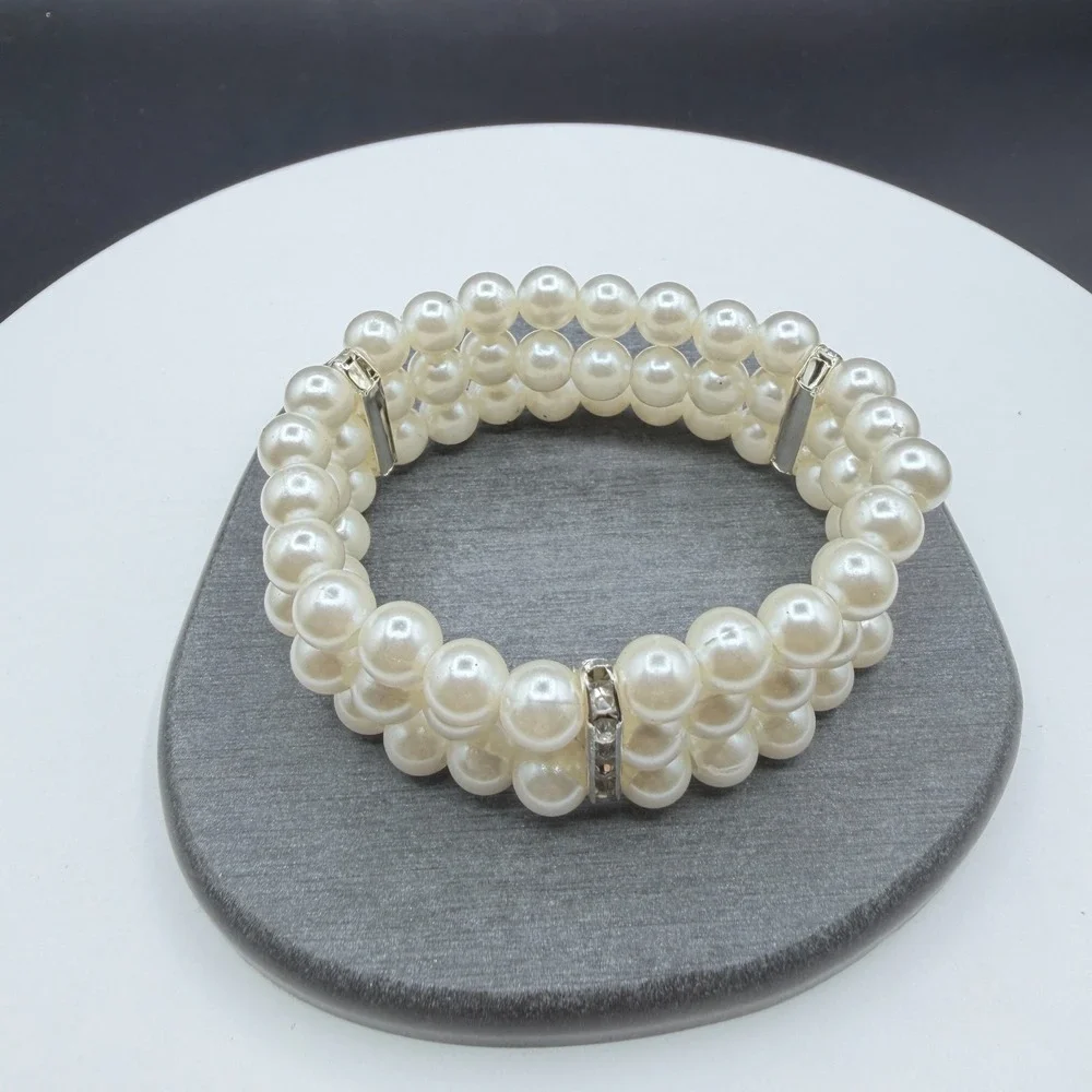Three Strand Faux Pearl Rhinestone Stretch Bracelet Cuff Cream Statement Jewelry